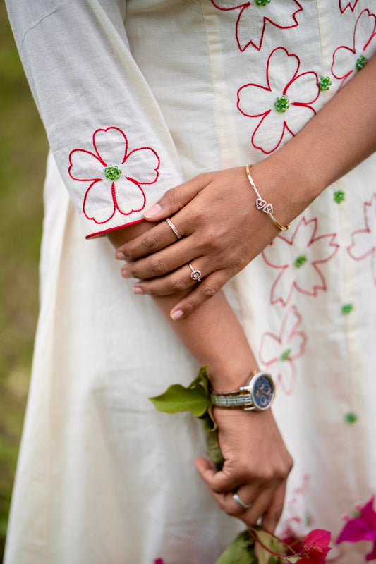 Bloom in off white showing 3 panel aline kurti and design