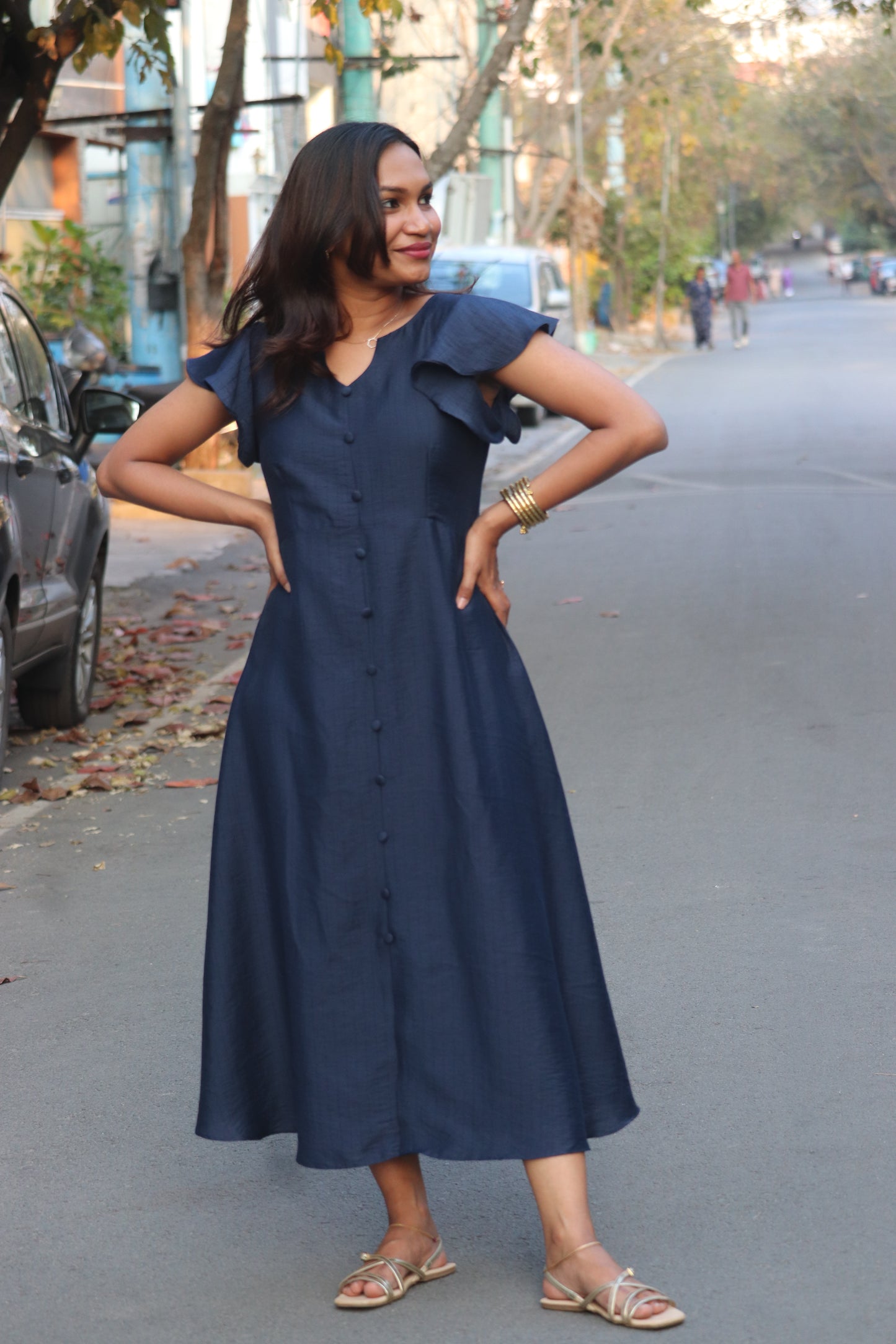 Velina cotton blend dress back view in breathable navy blue fabric