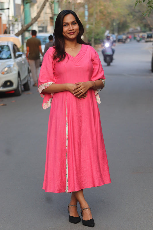 Rosalia pink floral panel dress styled with cotton blend and printed georgette fabric