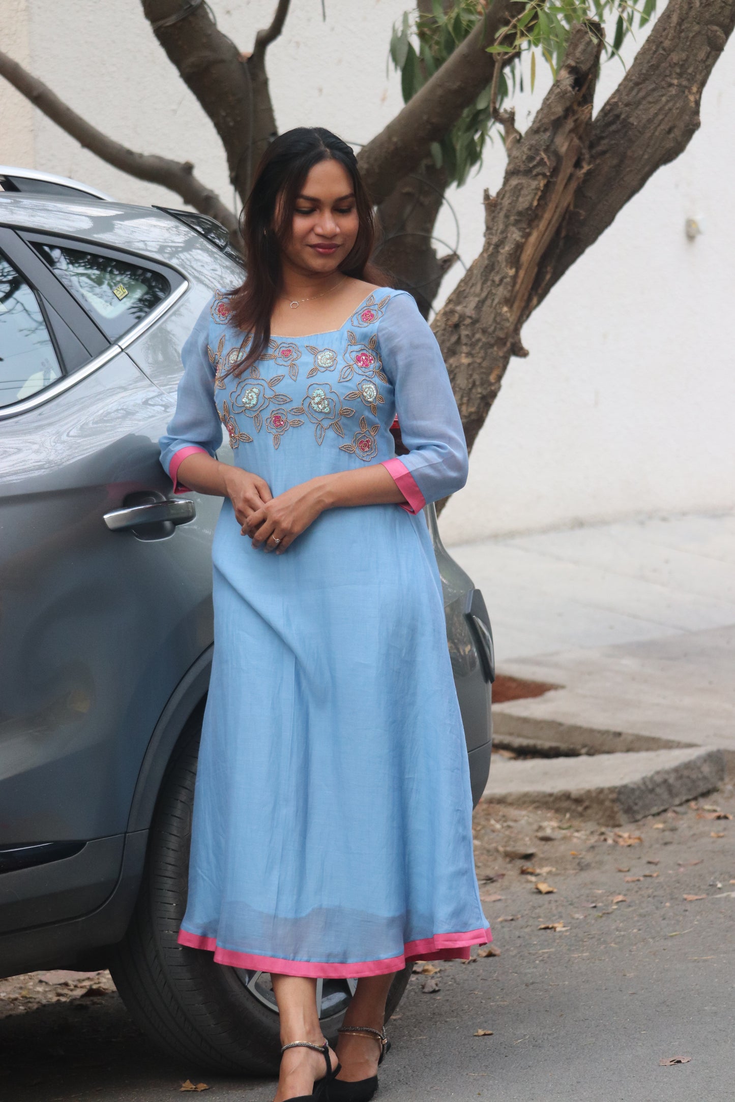 Lilora – Handworked Sky Blue Mul Chanderi Kurti