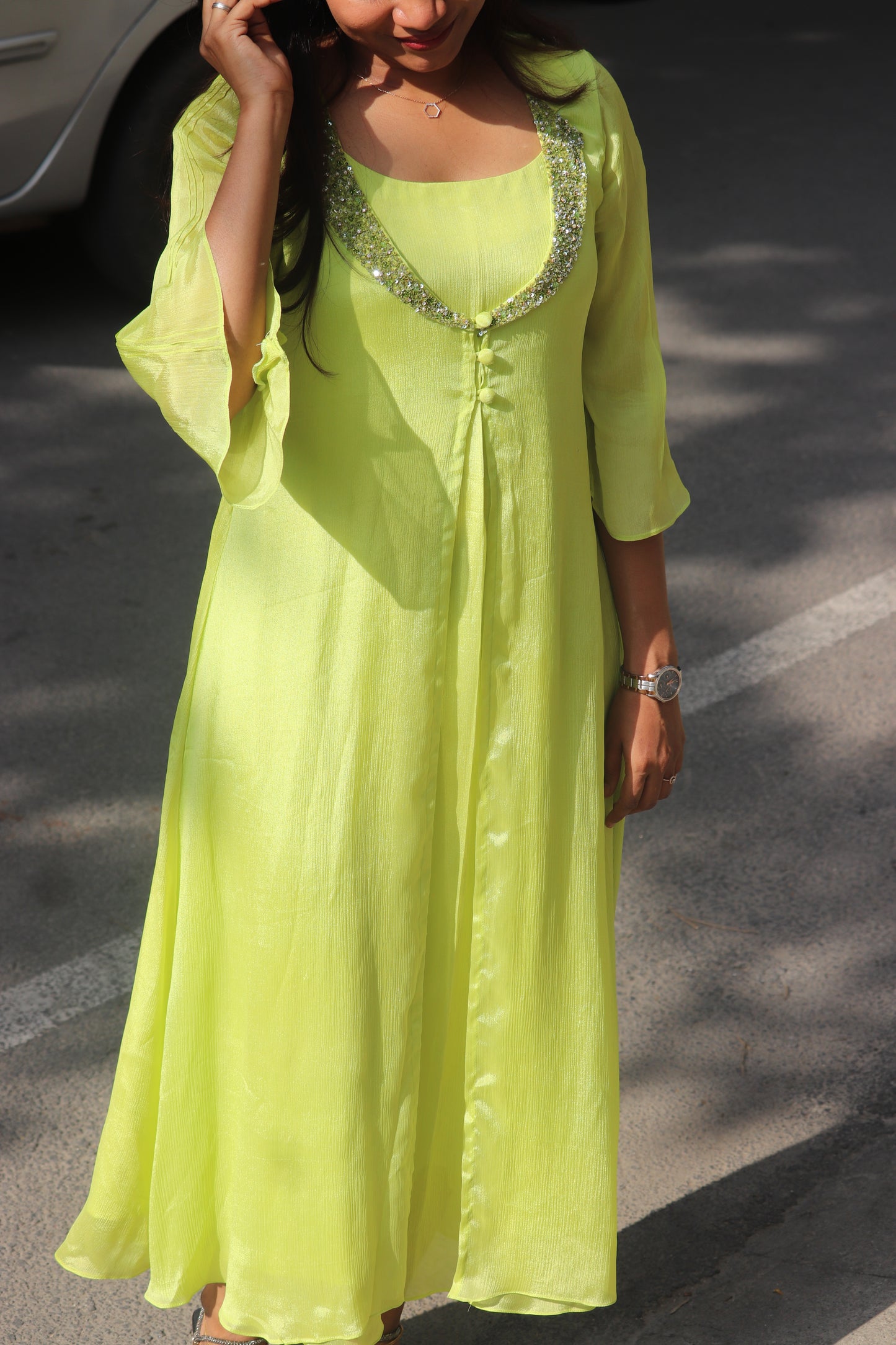 Seyara – Lime Green Handworked A-Line Kurti