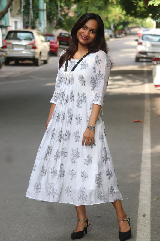 Elyra – Black & White Mul Chanderi A-Line Kurti