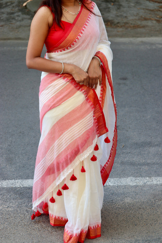 Mridula – Off White Mul Cotton Kerala Saree with Red Border