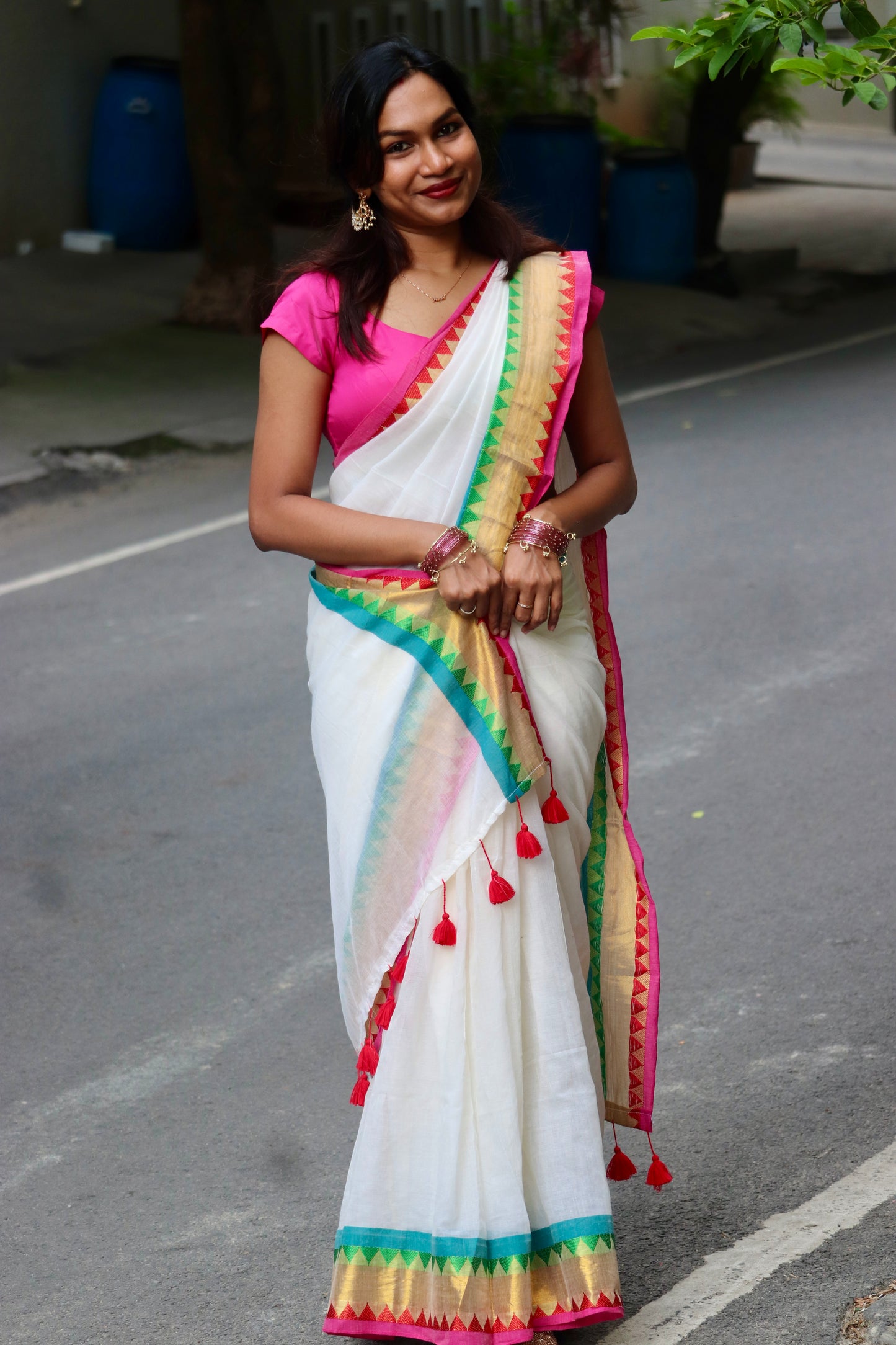 Madhuram - Mul Cotton Saree with Multicolour Temple Border