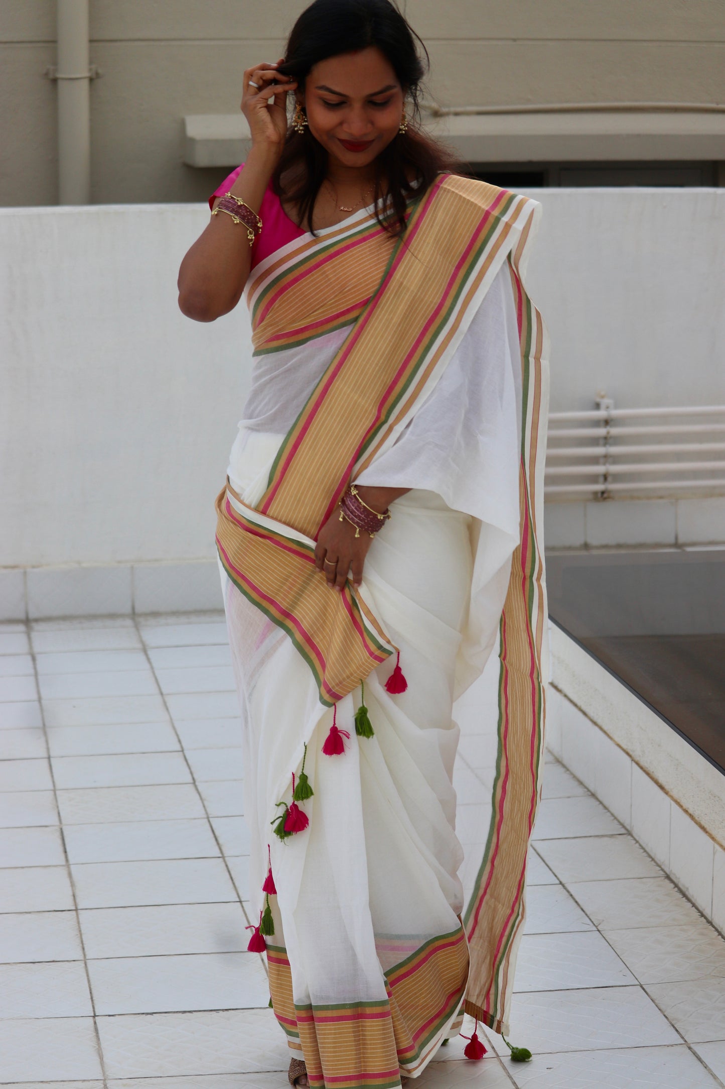 Varnika - Mul Cotton Saree with Multicolour Woven Border