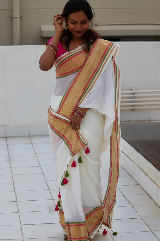 Varnika - Mul Cotton Saree with Multicolour Woven Border