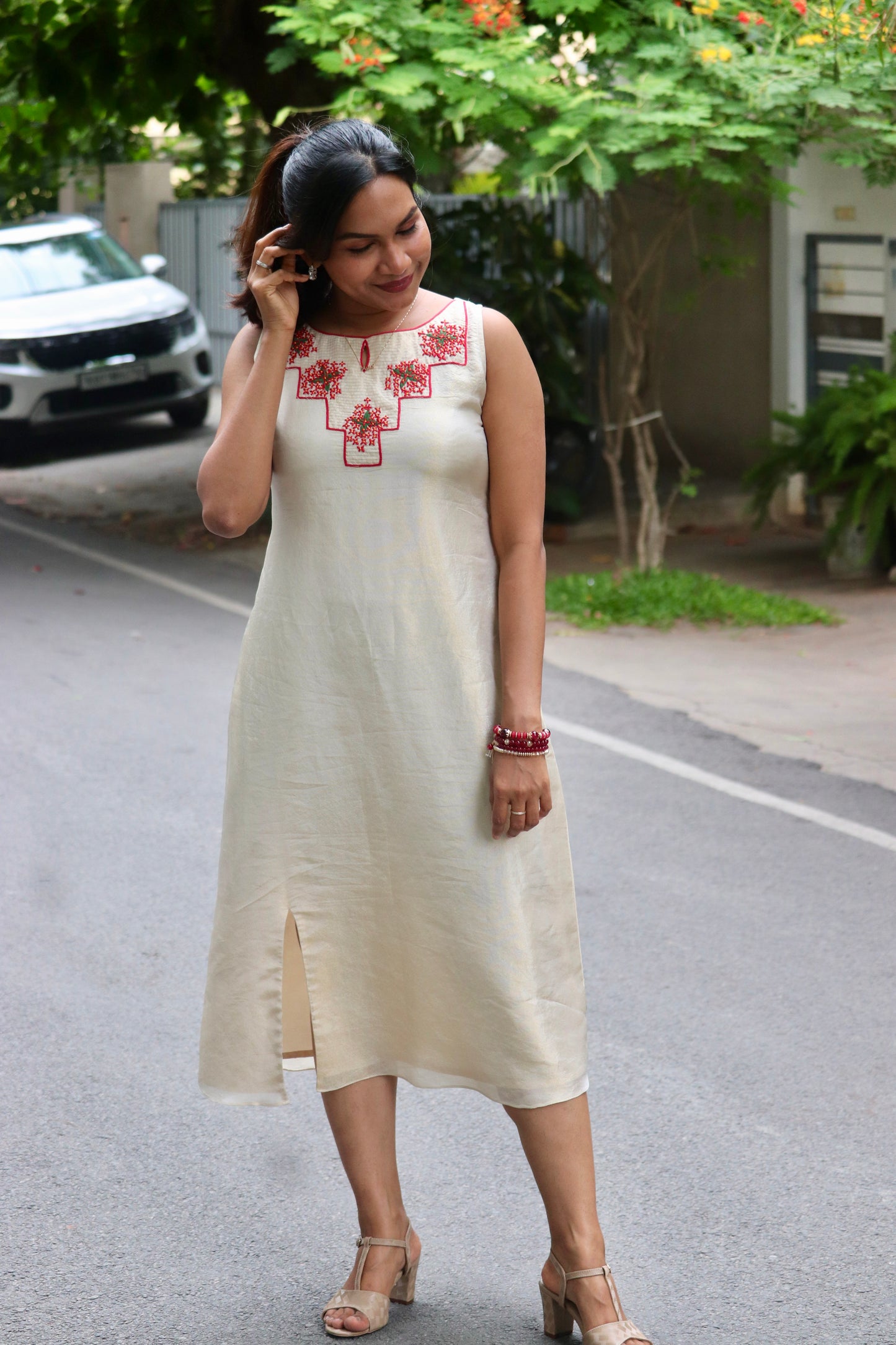 Chethipoo – Tissue A-Line Dress with Handcrafted Floral Yoke