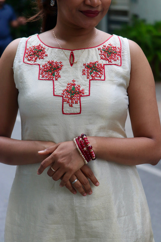 Chethipoo – Tissue A-Line Dress with Handcrafted Floral Yoke
