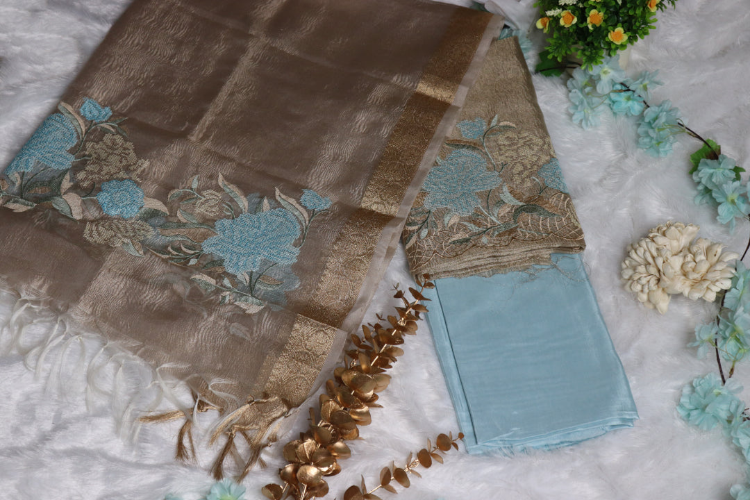 Light Blue & Gold Embroidery Crushed Tissue Unstitched Churidhar Material