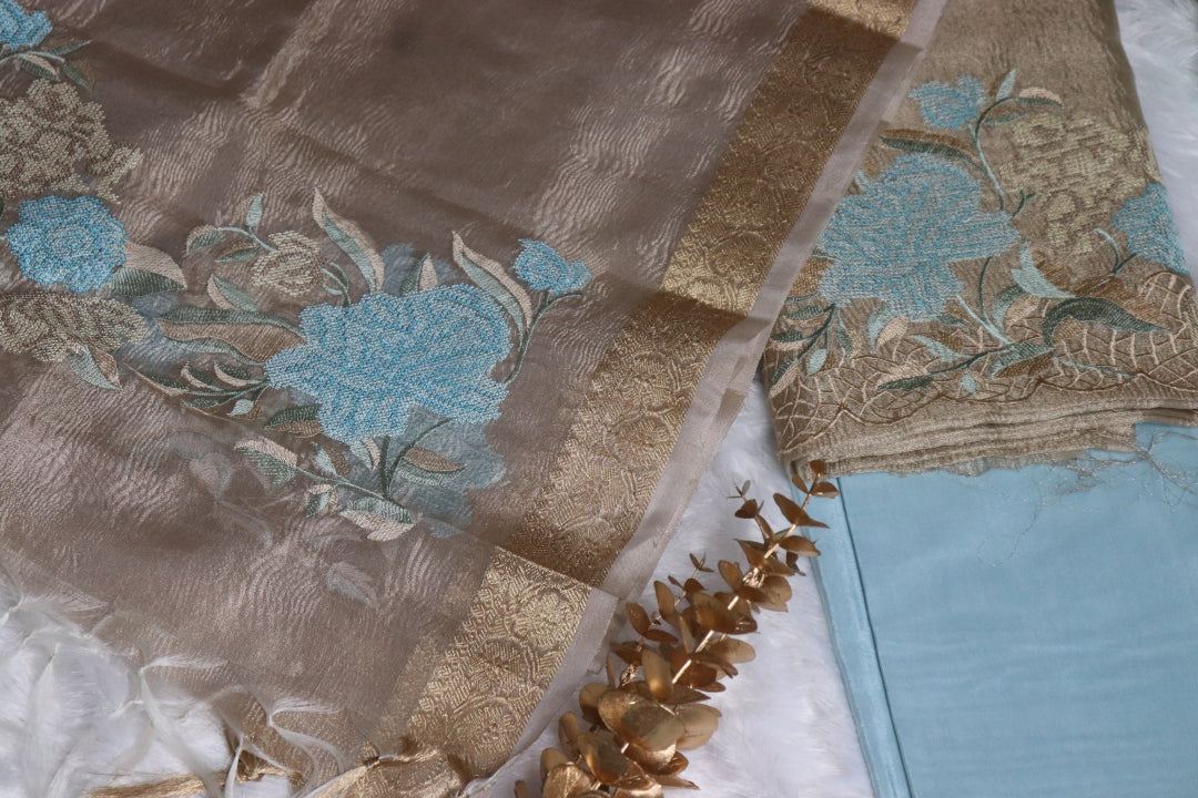Light Blue & Gold Embroidery Crushed Tissue Unstitched Churidhar Material