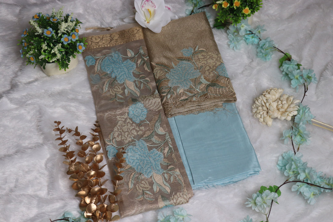 Light Blue & Gold Embroidery Crushed Tissue Unstitched Churidhar Material