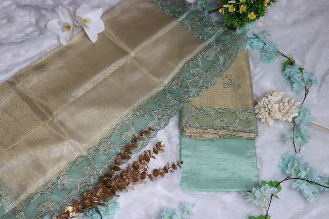 Aqua Green and Gold Applique Work Unstitched Churidhar Material
