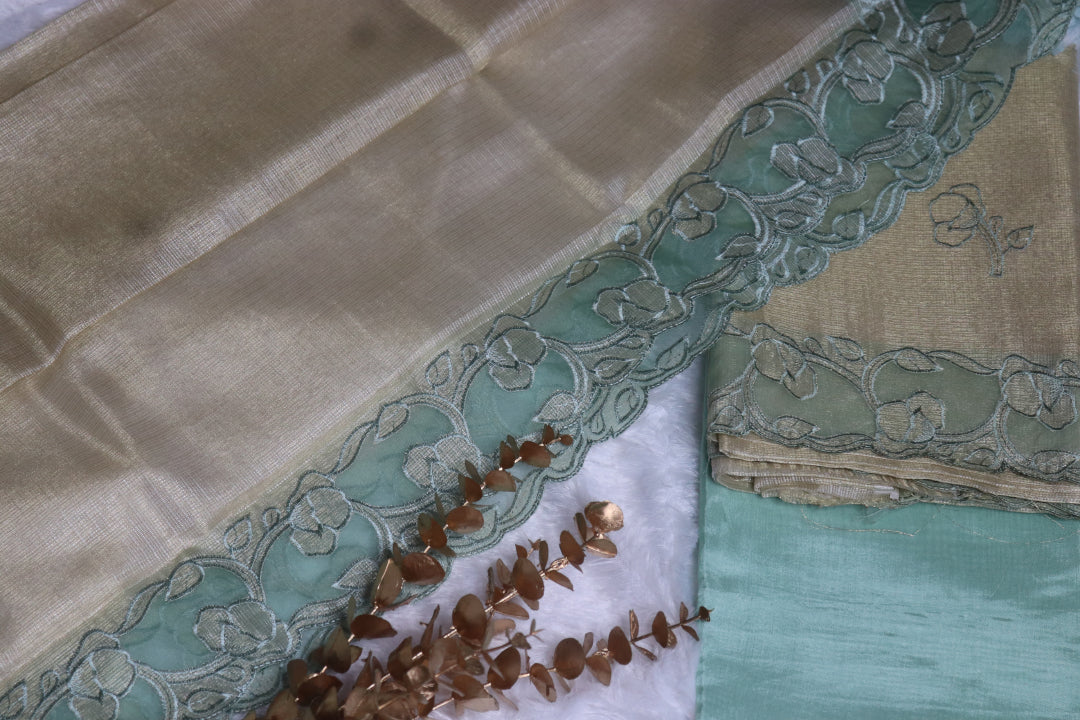 Aqua Green and Gold Applique Work Unstitched Churidhar Material