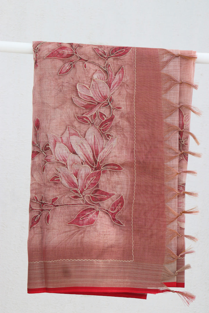 Tissue Linen Saree with Zari Embroidery All Over