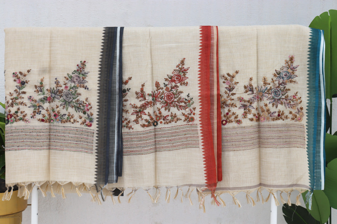 Linen Tissue Saree with All Over Embroidery