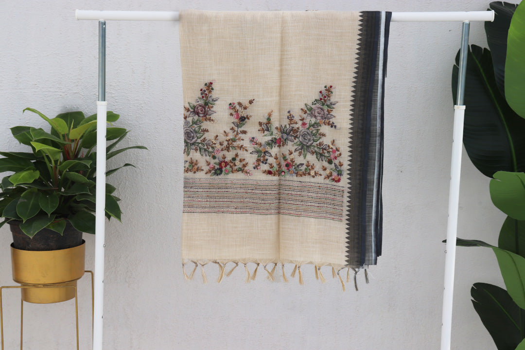 Linen Tissue Saree with All Over Embroidery