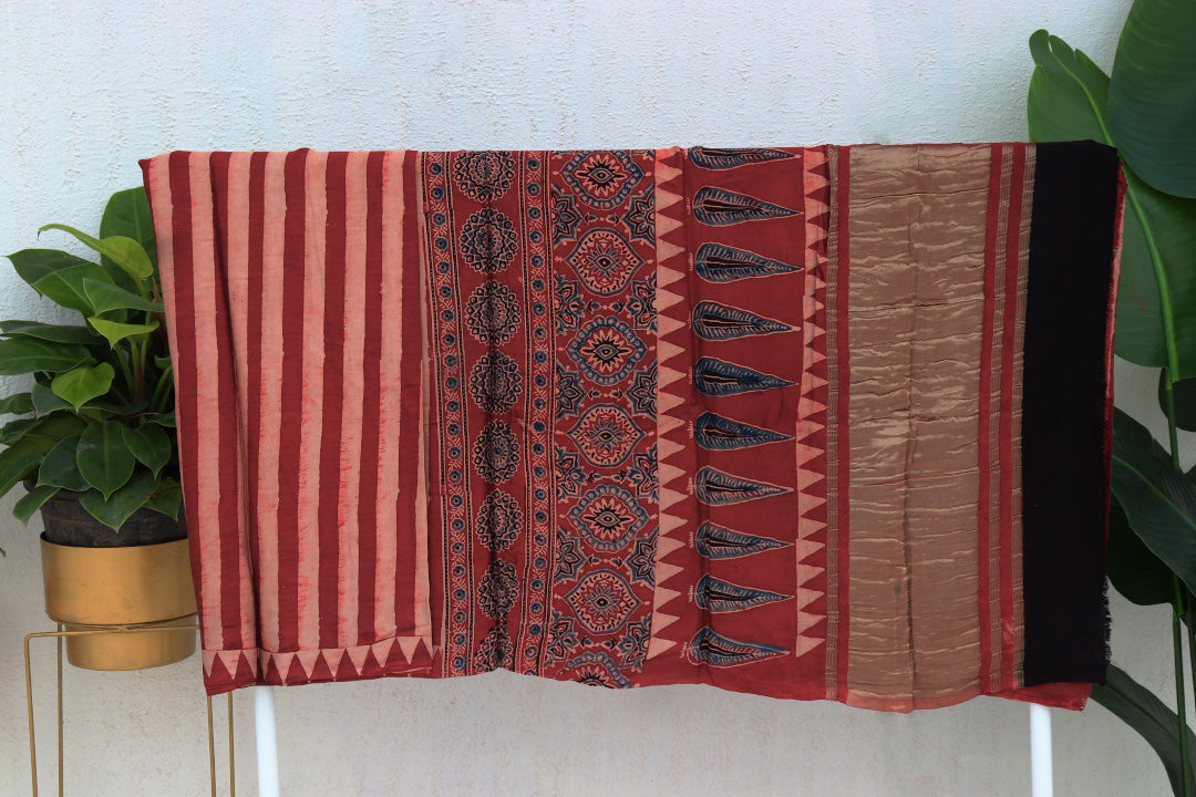 Pure Modal Ajrak Hand Block Printed Saree