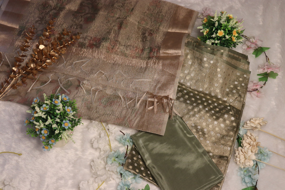 Olive Green and Gold Brocade Unstitched Churidhar Material