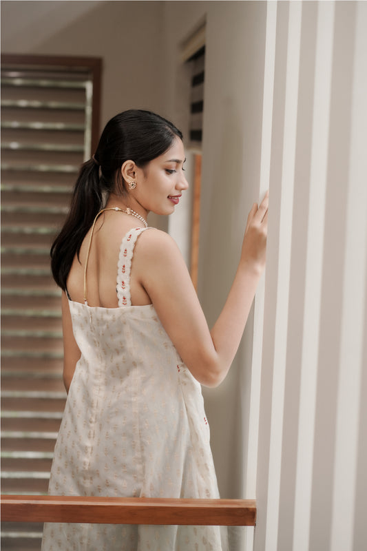 Aarohi dress back view showing embroidered shoulder straps and 3-panel design