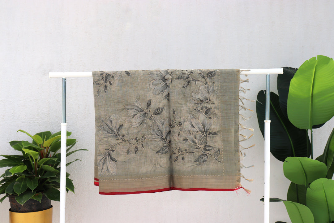 Tissue Linen Saree with Zari Embroidery All Over
