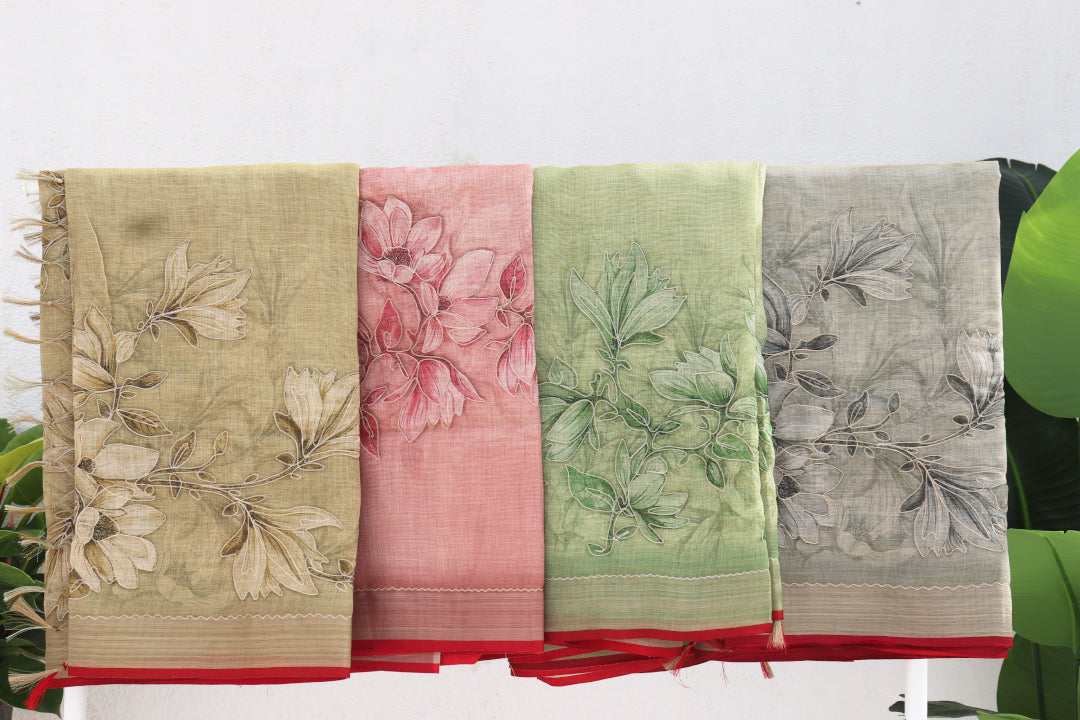 Tissue Linen Saree with Zari Embroidery All Over