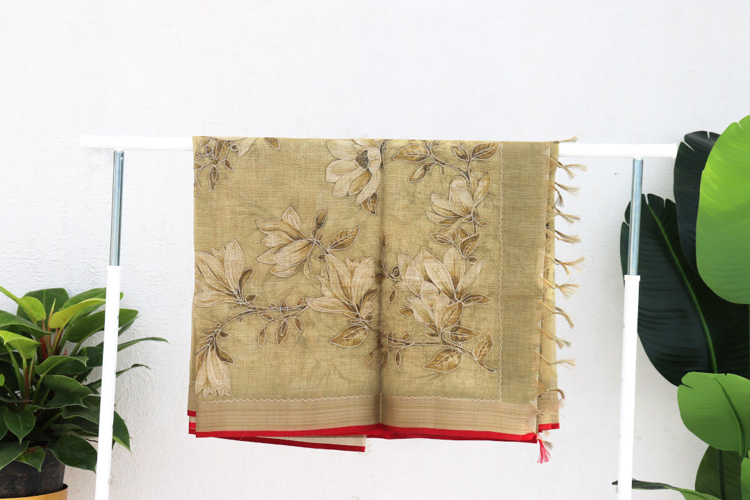 Tissue Linen Saree with Zari Embroidery All Over