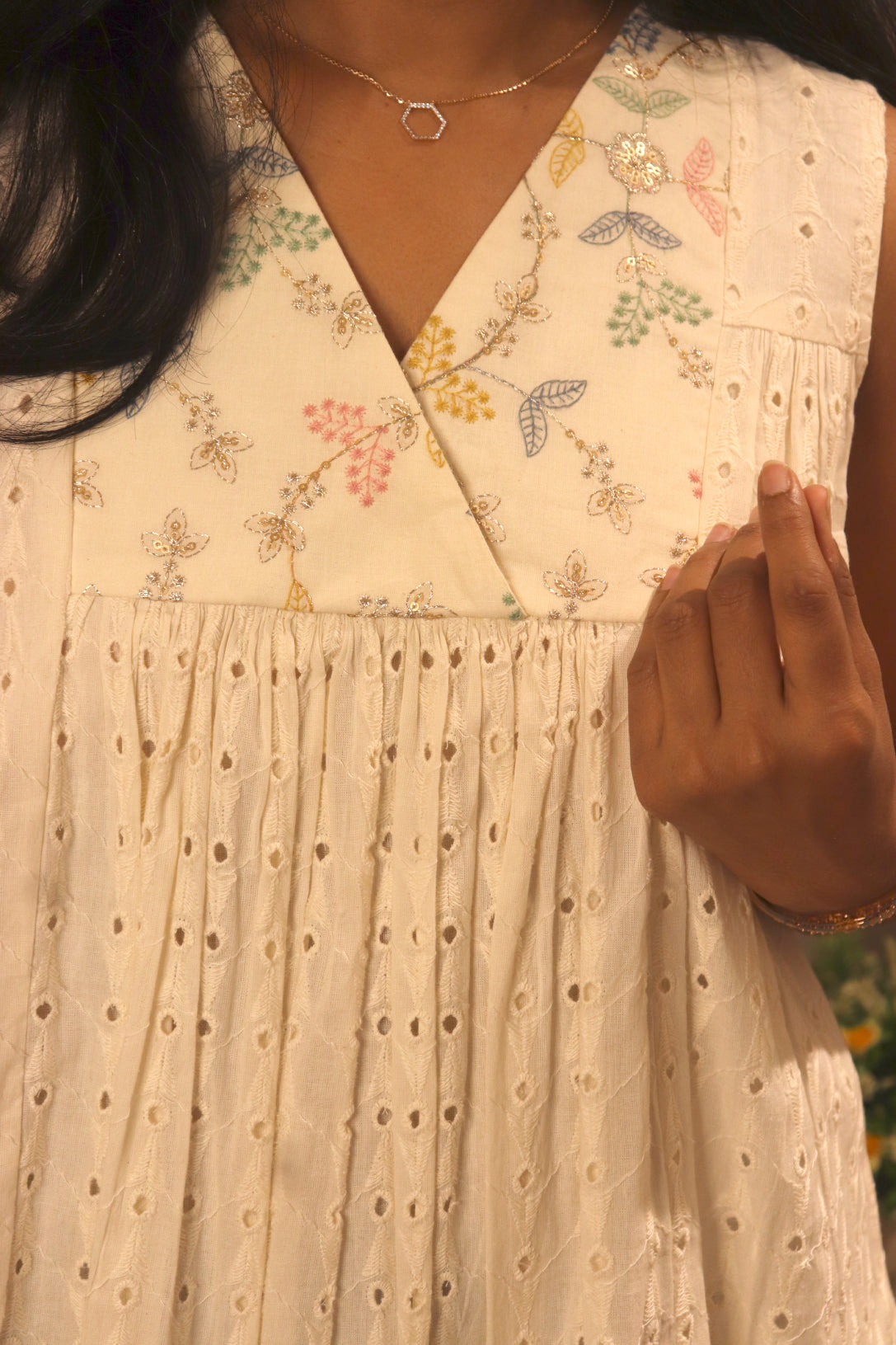 Noella off-white hakoba short top with pastel color embroidered yoke and v neck