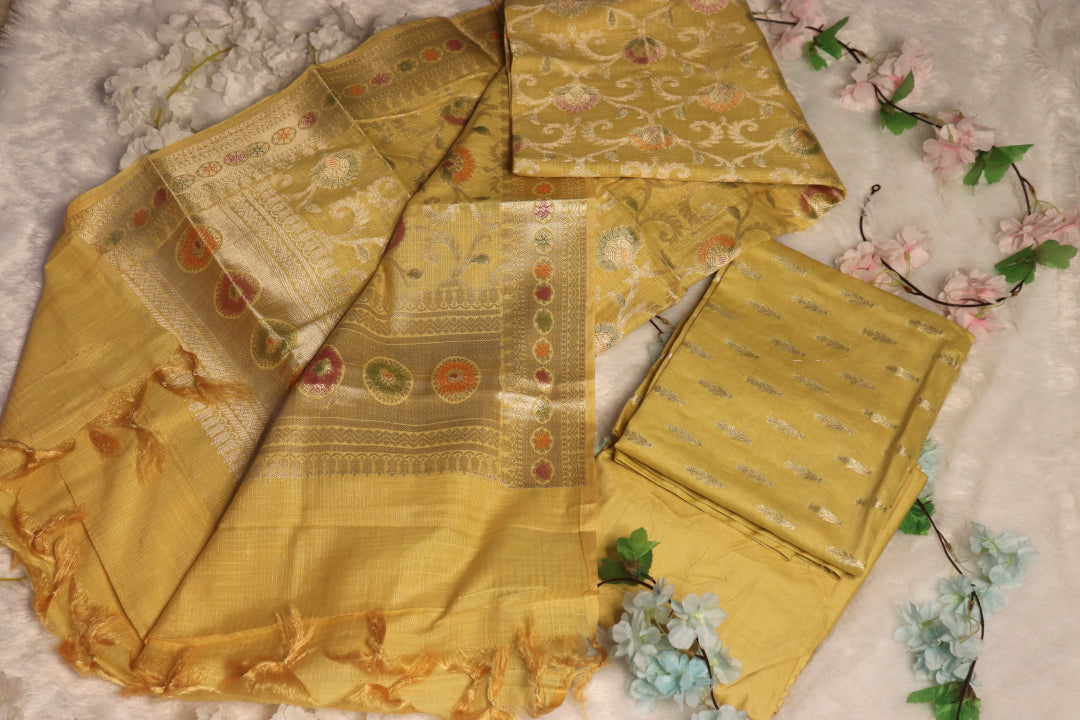 Mustard Yellow Brocade Unstitched Churidhar Material