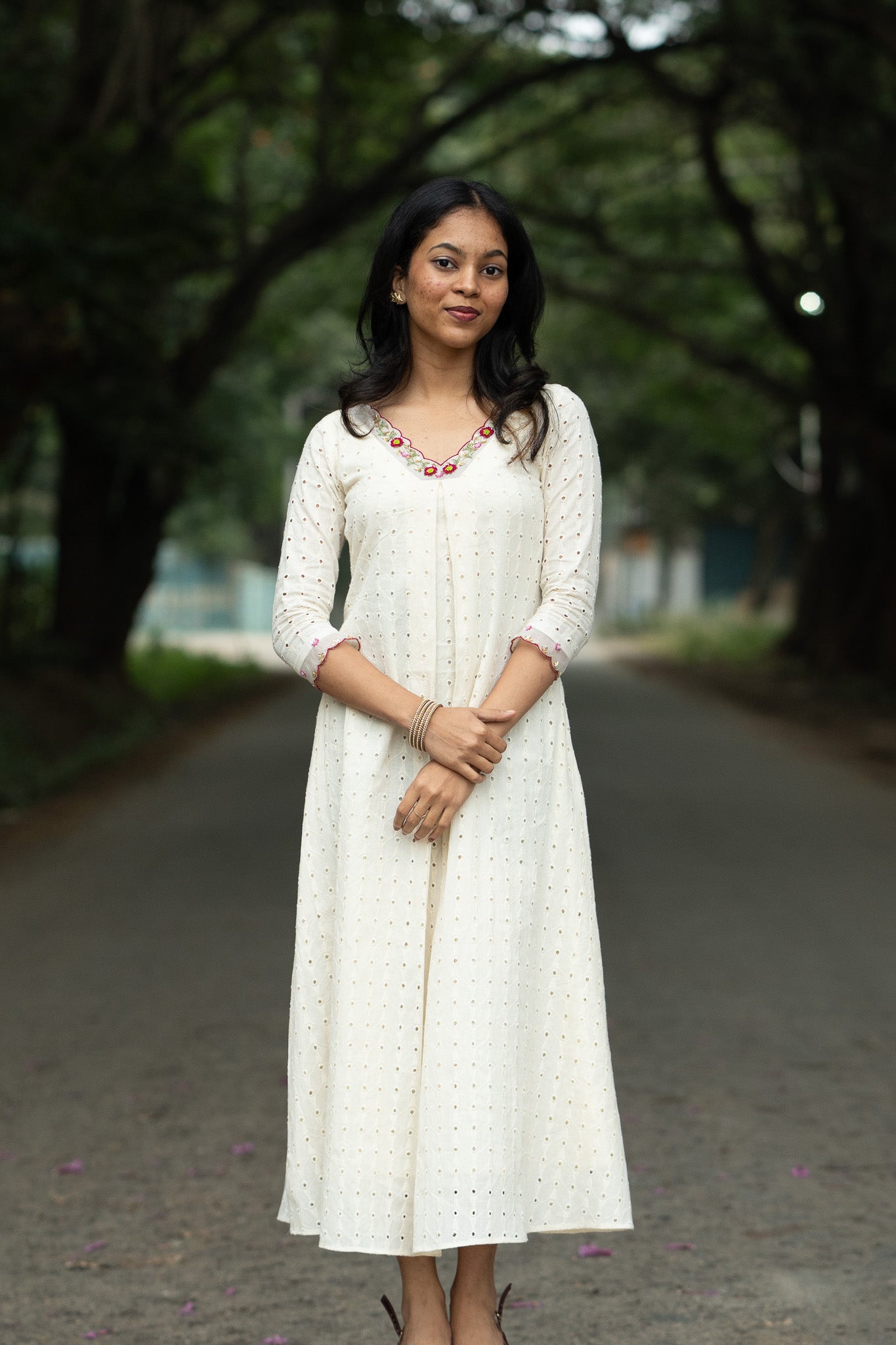 Pearl Bloom off white aline kurti with floral handwork on neck and sleeve ends - front view