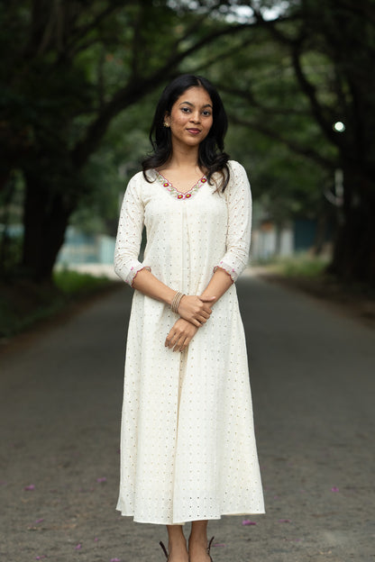 Pearl Bloom off white aline kurti with floral handwork on neck and sleeve ends - front view