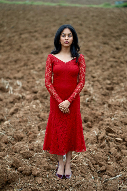 Scarlet mermaid-cut red lace dress with body-flattering silhouette - front view
