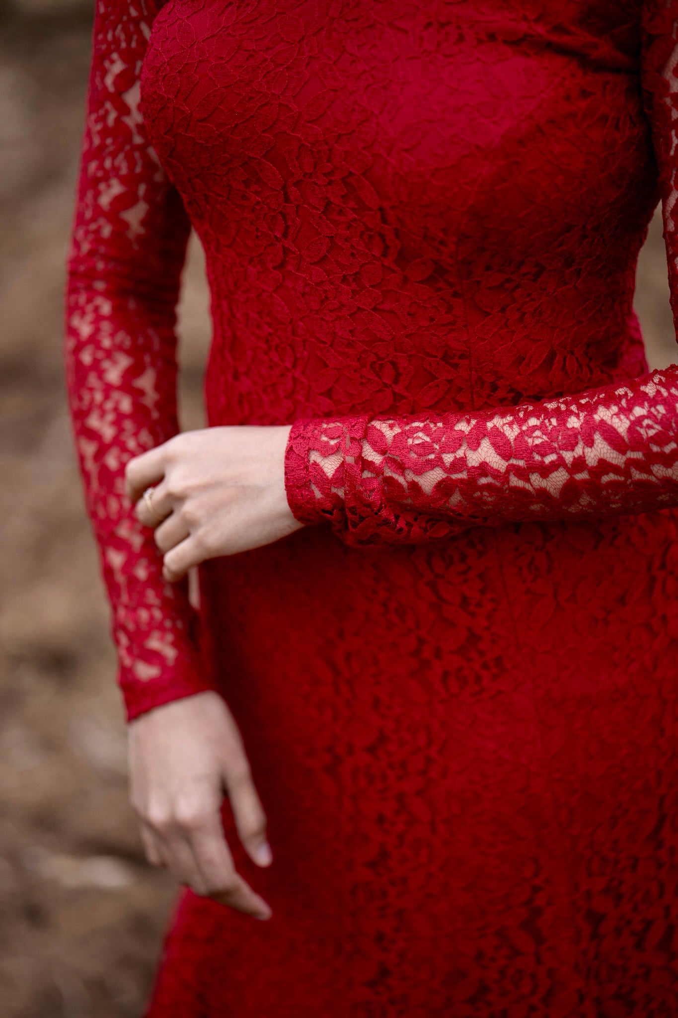 Scarlet mermaid-cut dress full-length styled view in red lace