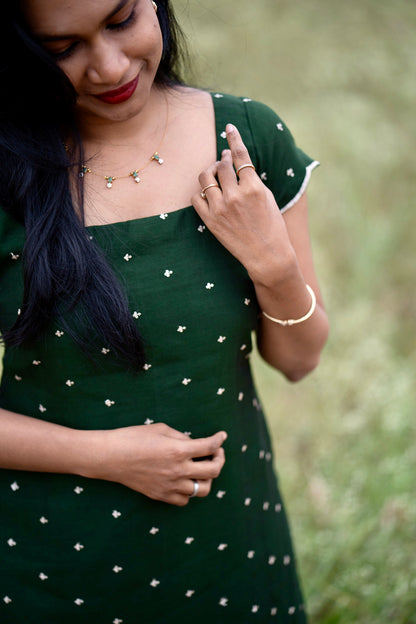 Esmera emerald green top and pant set with golden embroidered buttas - detail view