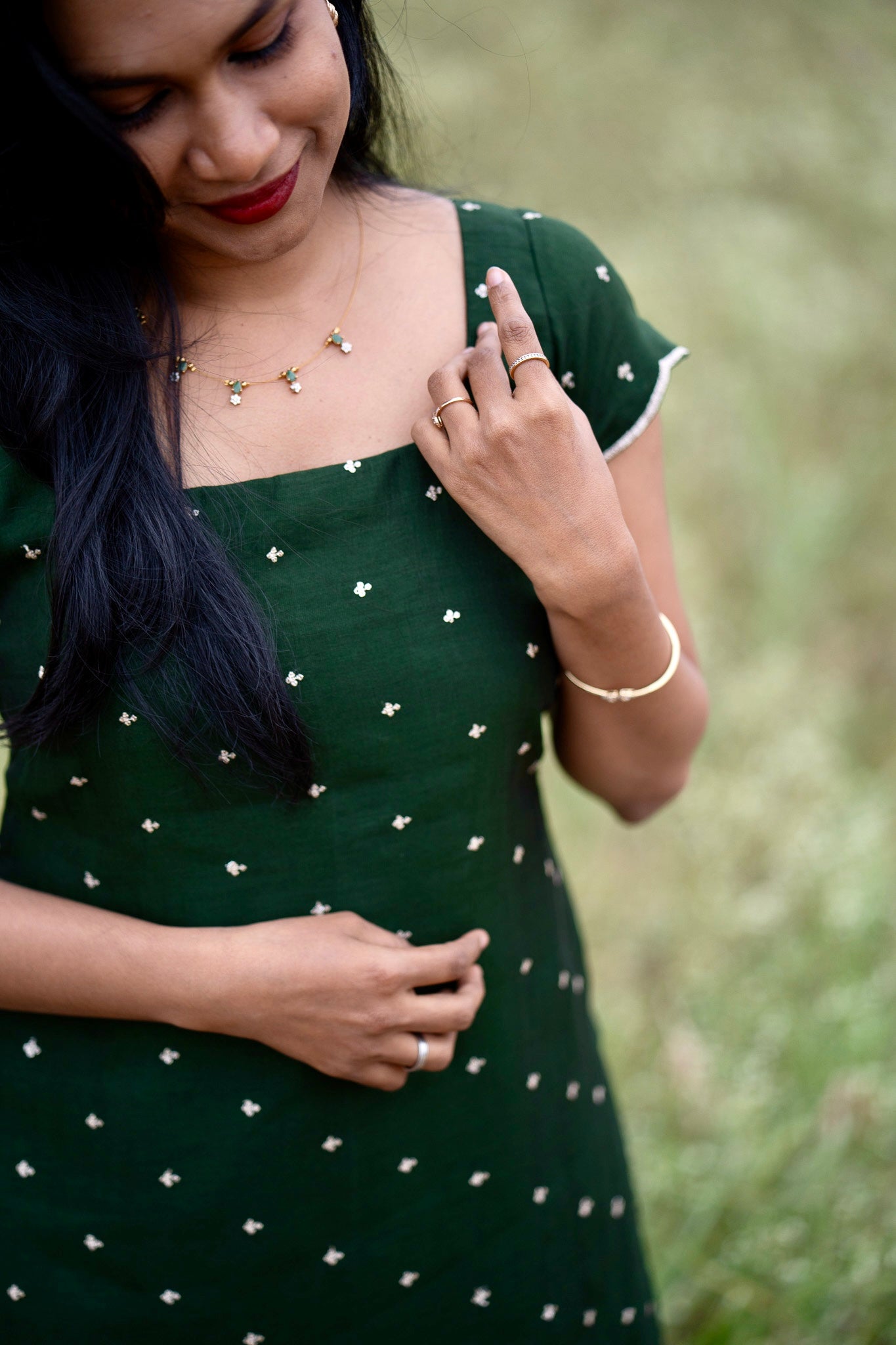 Esmera emerald green top and pant set with golden embroidered buttas - detail view