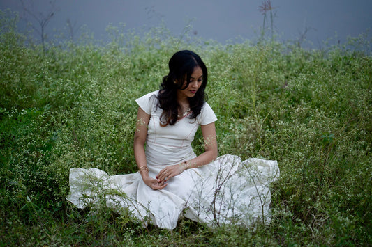 Taara ivory and red katha stitch dress full-length styled view