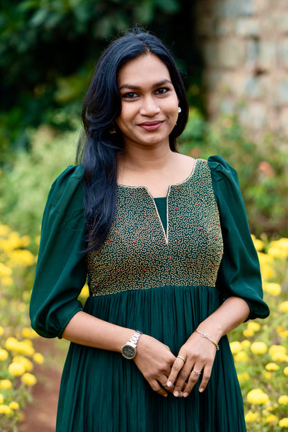 Zariya emerald green gathered anarkali with hand embroidery on yoke - front view