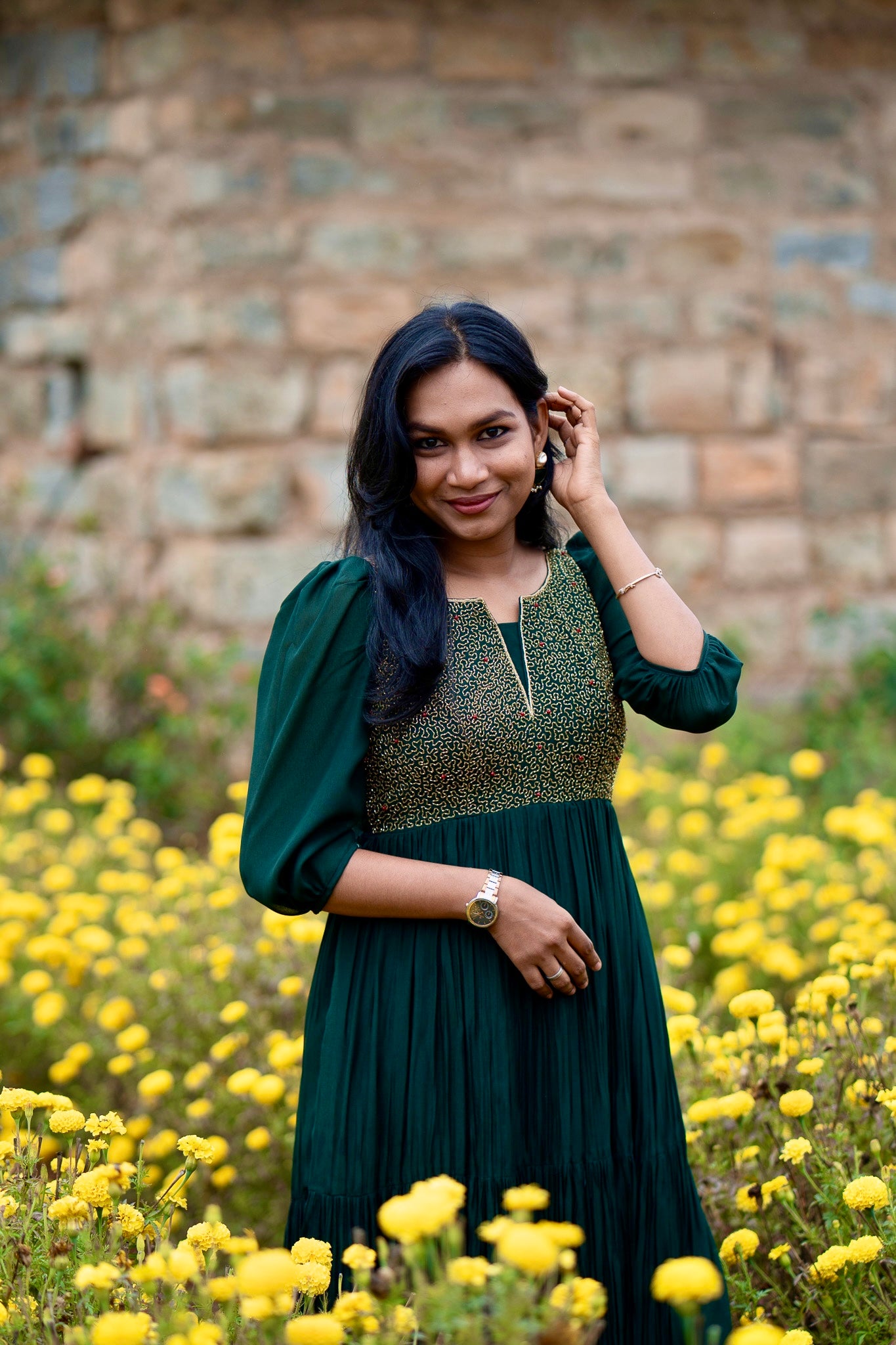 Zariya emerald anarkali side view with soft gathered drape