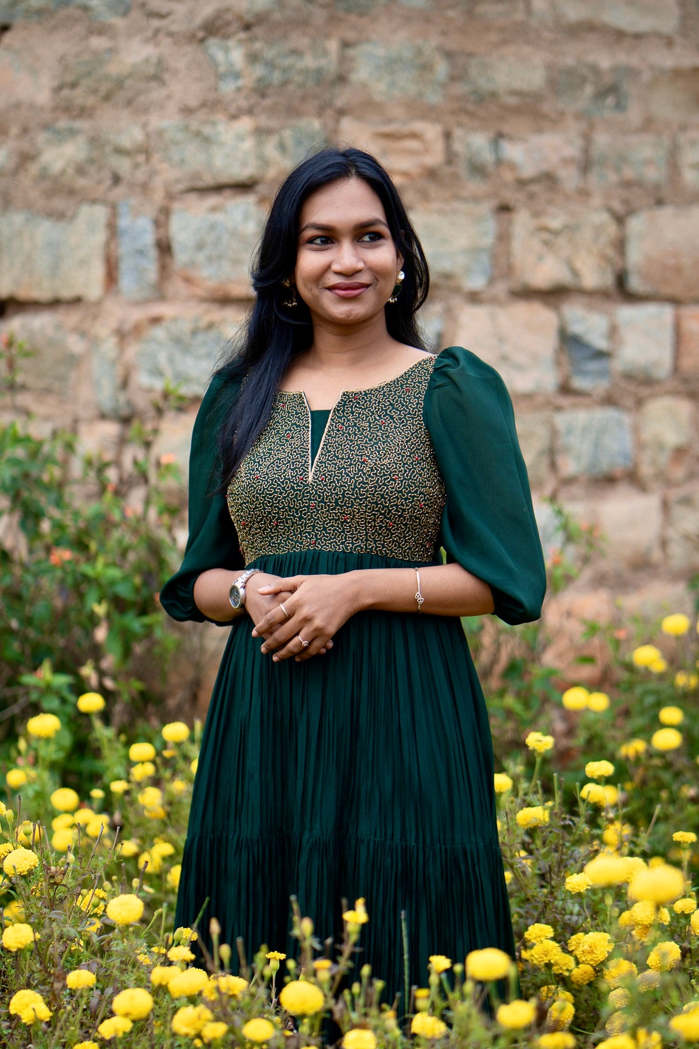 Zariya emerald green anarkali back view with pleated flare