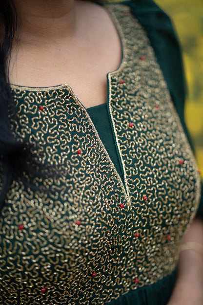 Zariya gathered anarkali full-length view in rich emerald green