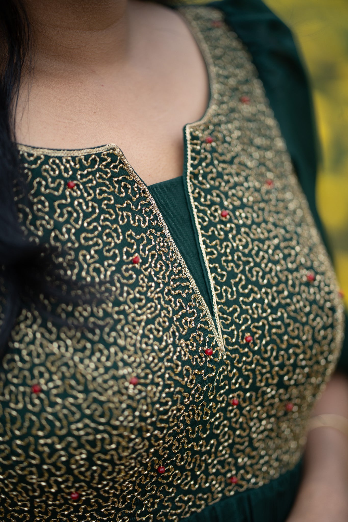 Zariya gathered anarkali full-length view in rich emerald green