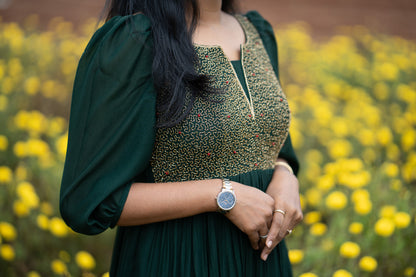 Zariya green anarkali close-up of yoke handwork and neckline finishing