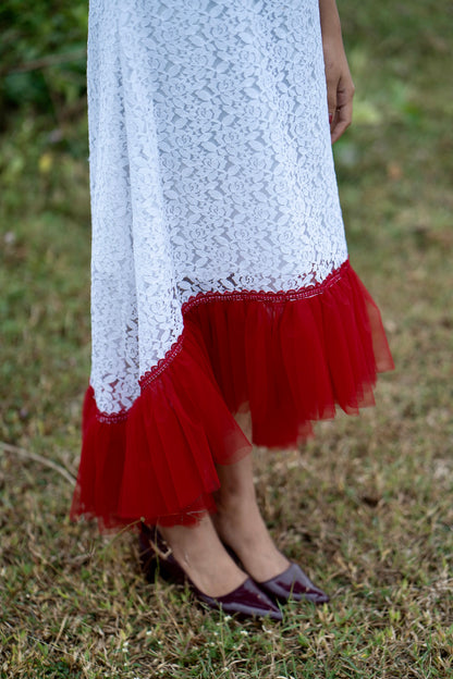 Roselle full-length styled view in white and red