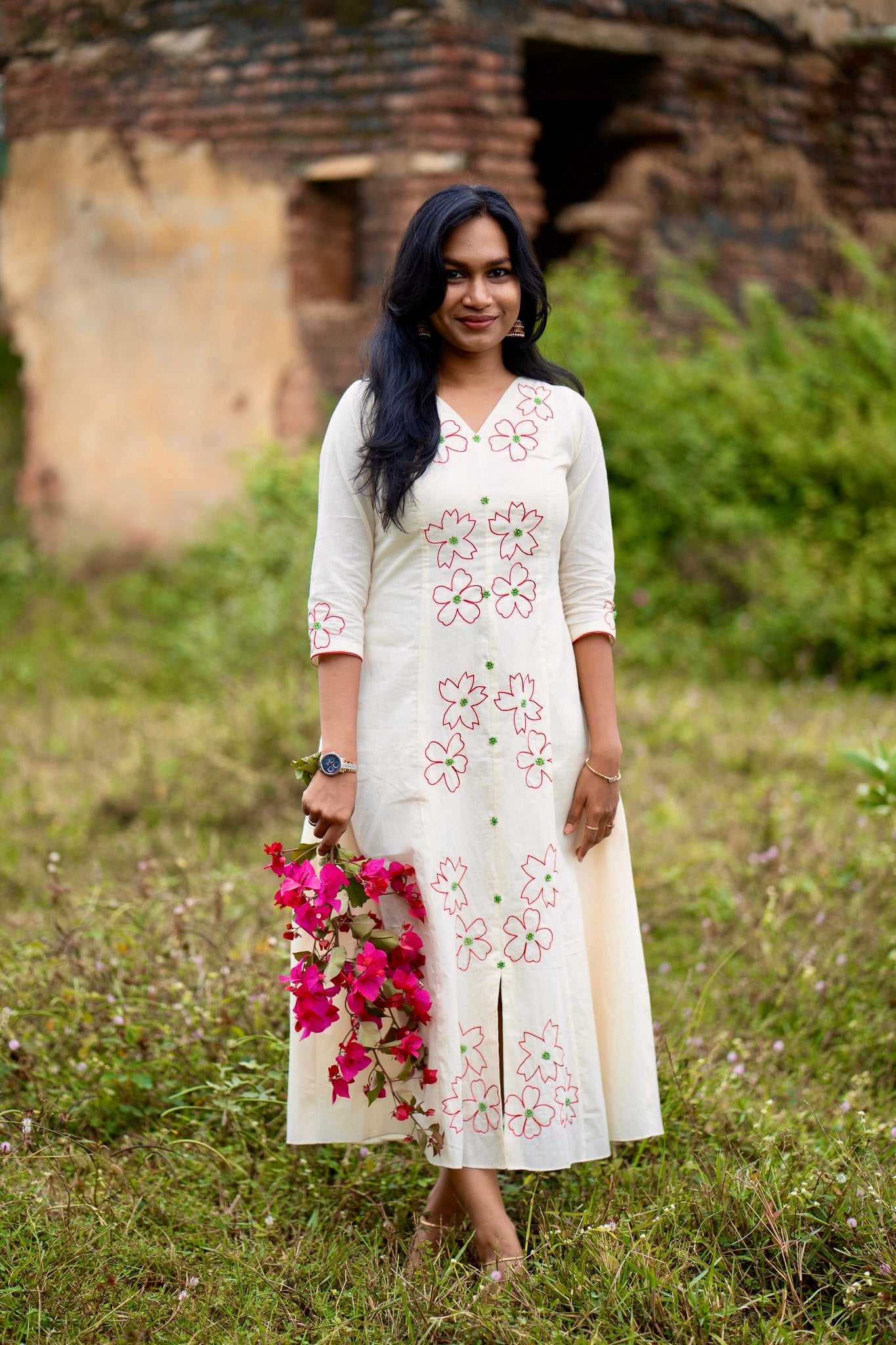 Bloom off white 3 panel aline kurti with red hand embroidered flowers all over top and sleeve ends - front view