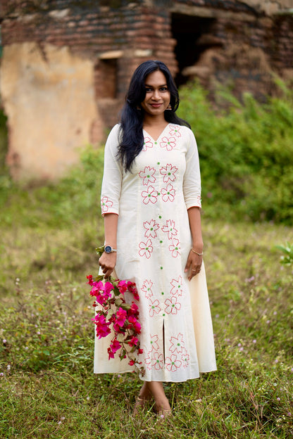 Bloom off white 3 panel aline kurti with red hand embroidered flowers all over top and sleeve ends - front view