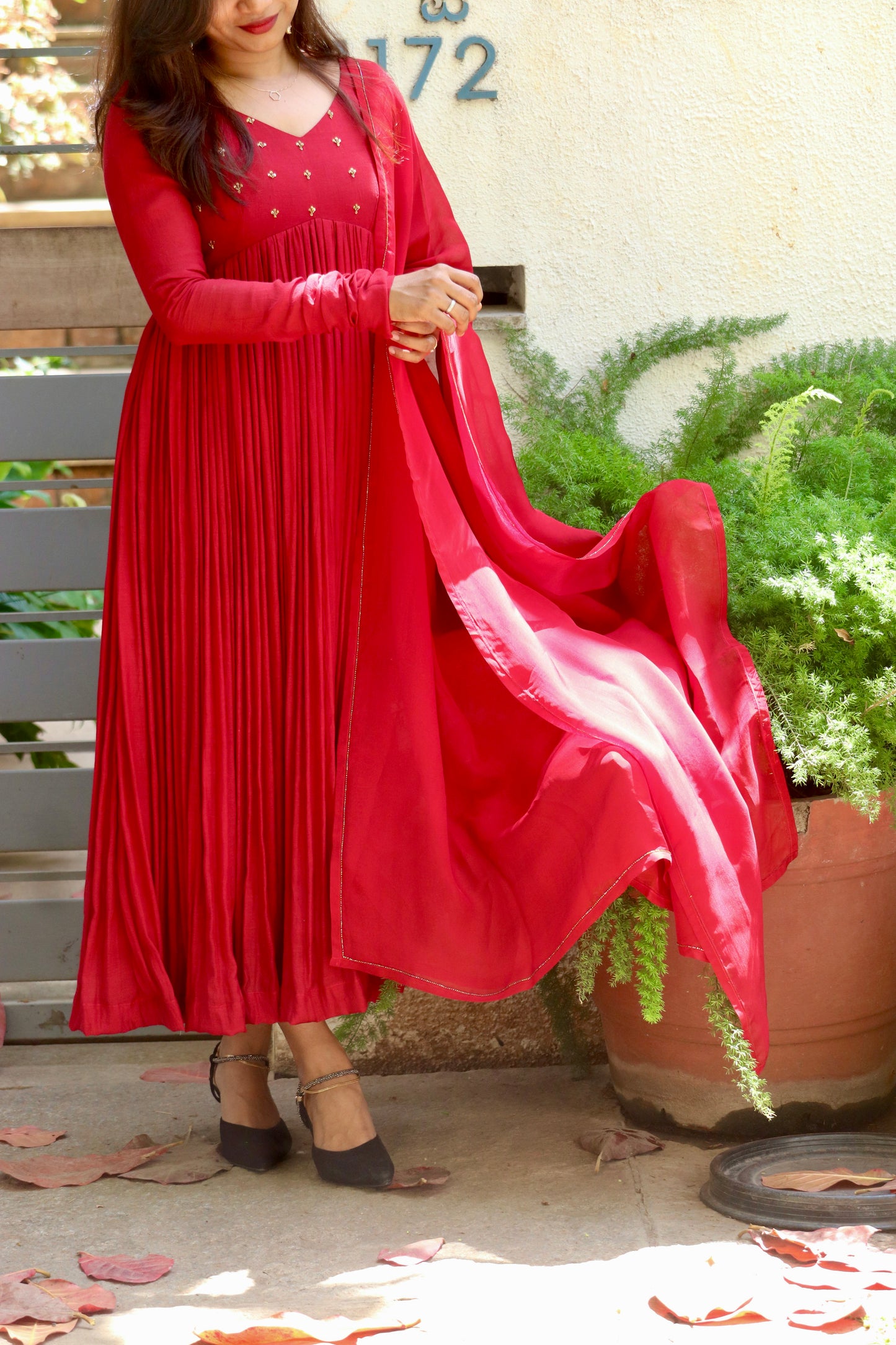 Raahiya - Reddish maroon Mul chanderi anarkali