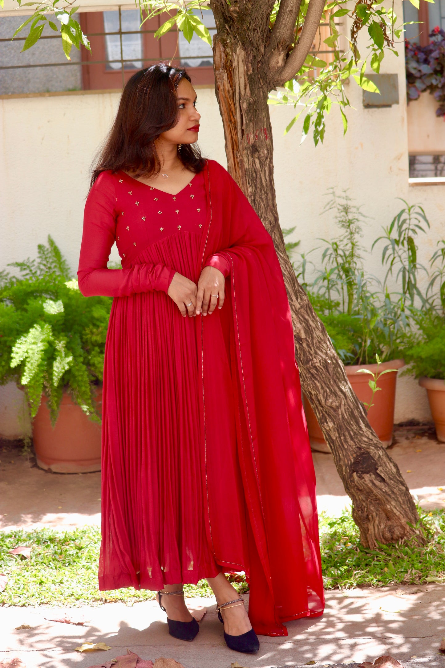 Raahiya maroon anarkali with sheer organza dupatta and cut-beads border