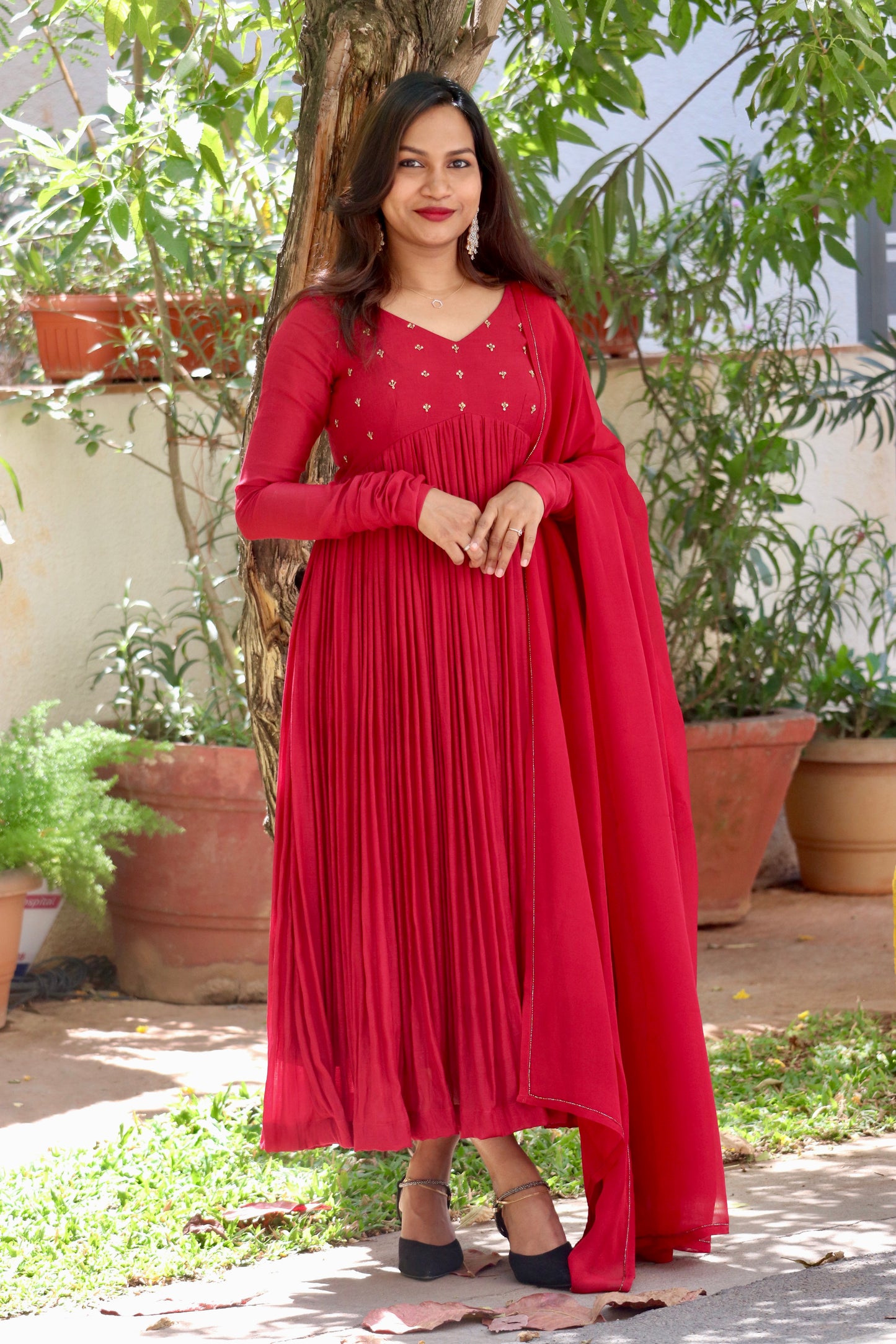 Raahiya reddish maroon alia cut anarkali with hand work on yoke - front view