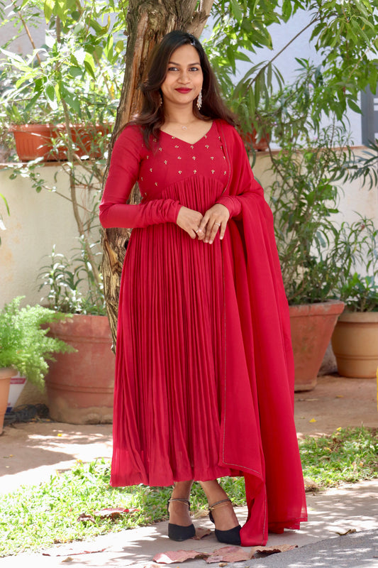 Raahiya reddish maroon alia cut anarkali with hand work on yoke - front view