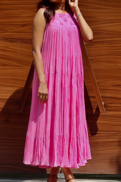Peonia – Pink Handworked Tier Gathered Dress