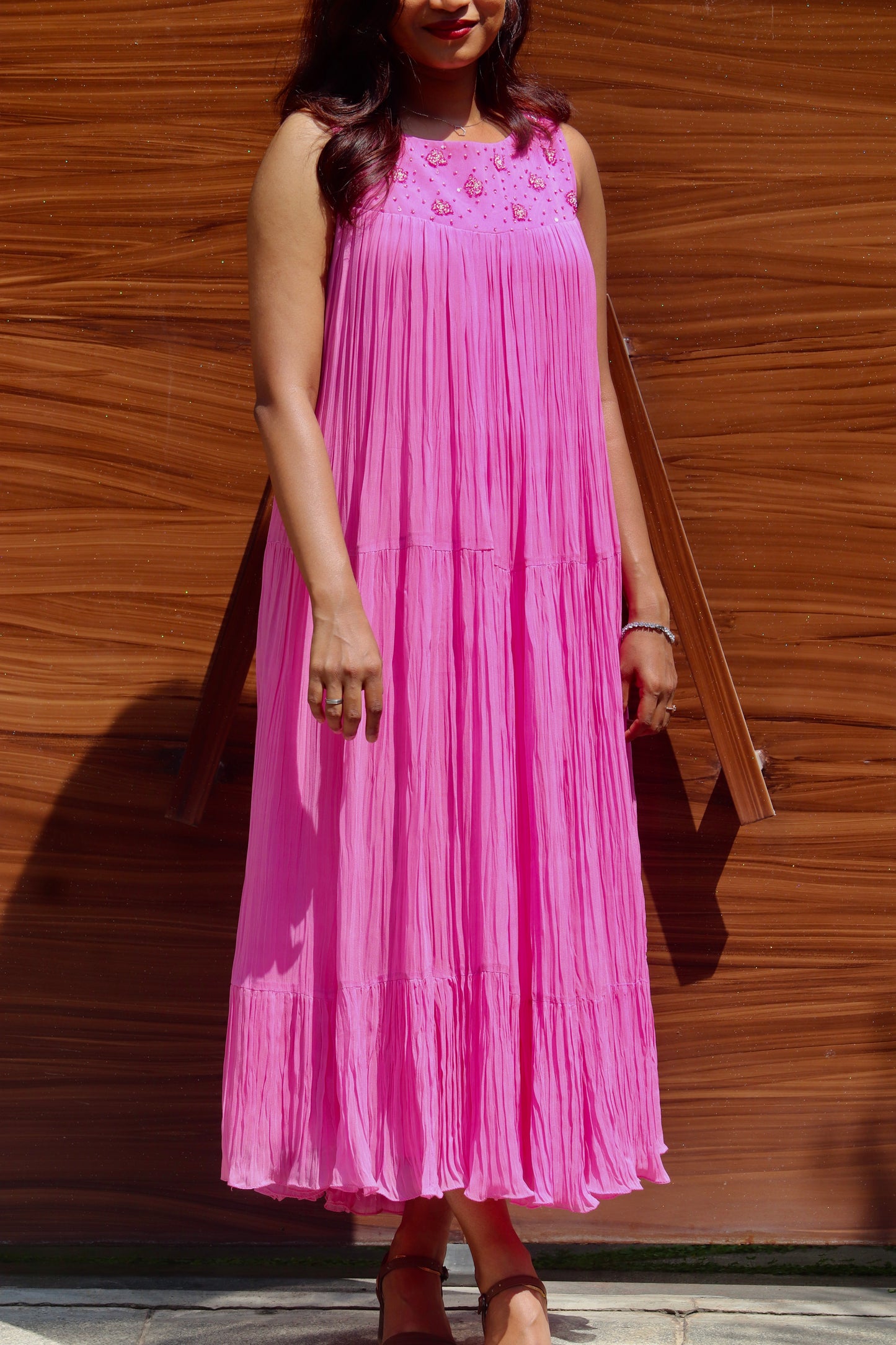 Peonia – Pink Handworked Tier Gathered Dress